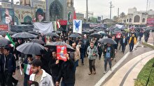 حماسه حضور مردم شهید پرور شهرستان کازرون در هوای بارانی در راهپیمایی روز قدس